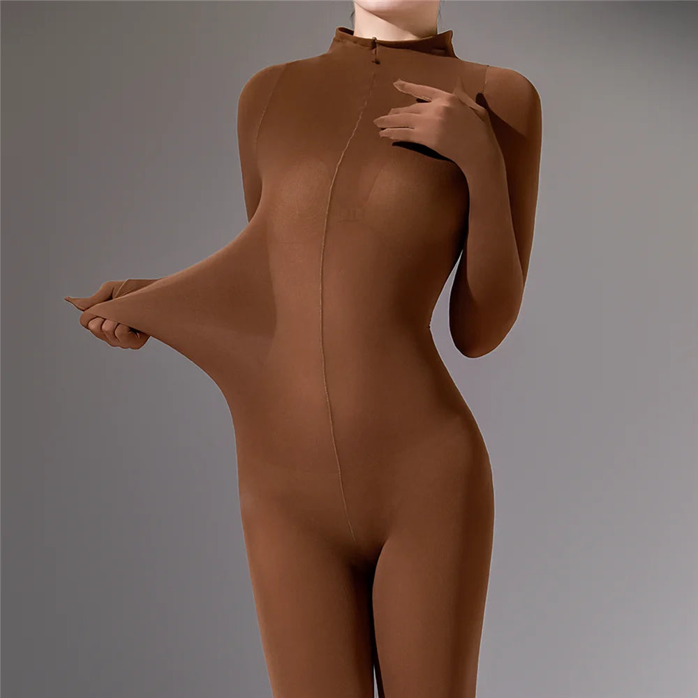 Plus Size Sexy Women 120D Five Finger Glove Sleeve Bodysuit Seamless Tight Warm High Elastic Shaping Cosplay Unisex Fit Jumpsuit