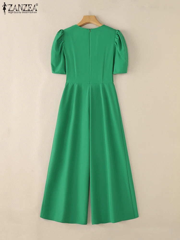 ZANZEA Elegant Office Jumpsuits Women Overalls 2025 Fashion Casual Loose Short Sleeve Playsuits Solid Color Wide Leg Jumpsuits