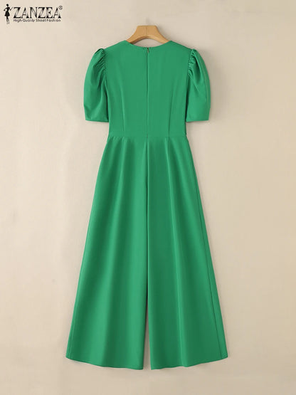 ZANZEA Elegant Office Jumpsuits Women Overalls 2025 Fashion Casual Loose Short Sleeve Playsuits Solid Color Wide Leg Jumpsuits