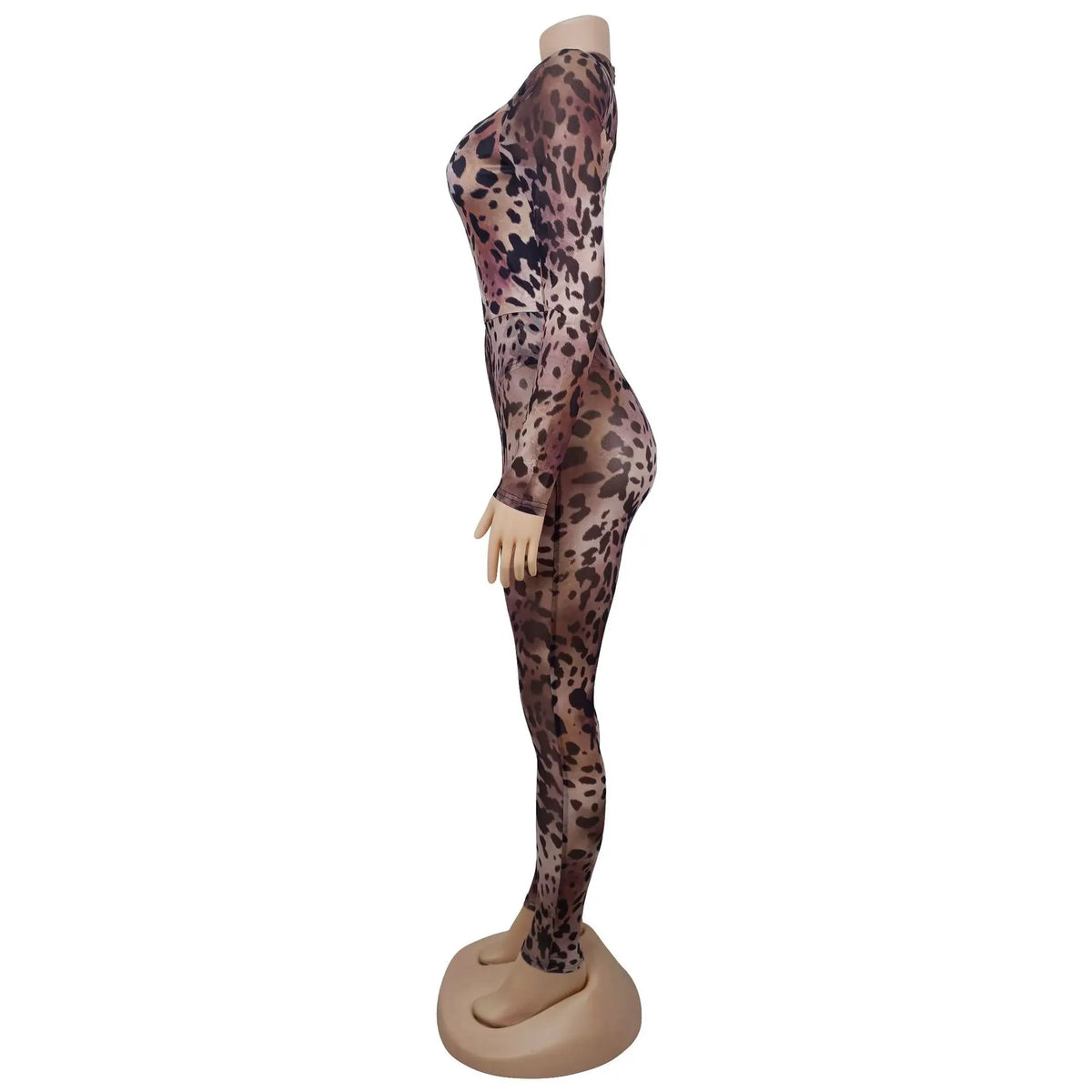 Sexy Bodycon Jumpsuits Women Clothes Leopard Mesh Print Semi Perspective Jump Suit Long Sleeve Bodysuit Nightclub Club Clothes