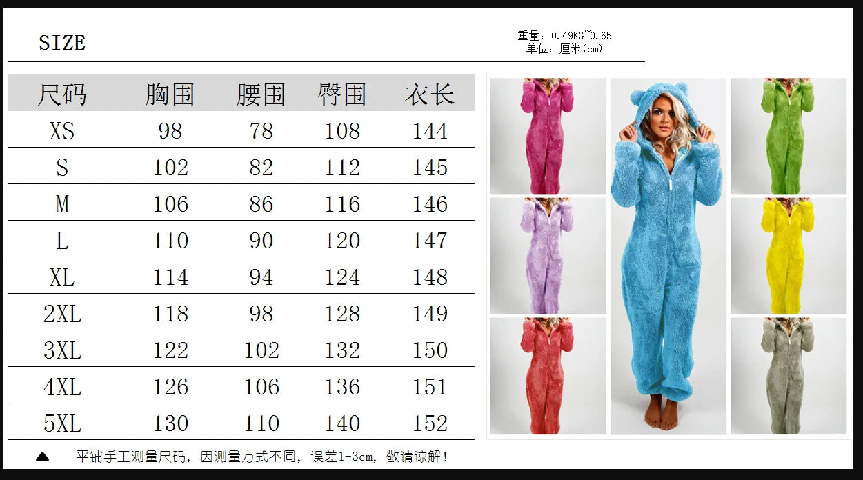 Women's Fleece Oneseies Zip Up Hooded Pajamas Rompers Cozy Sleepwear Pyjamas Autumn Winter Warm Loungewear Jumpsuit
