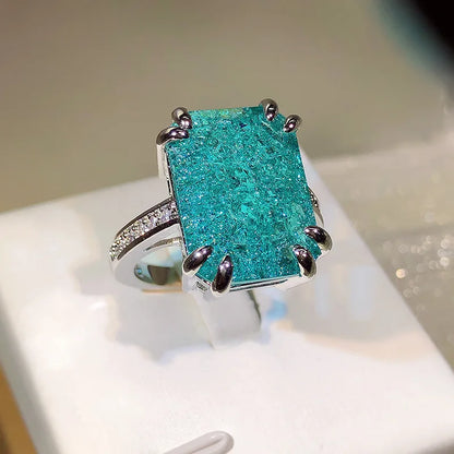 925 Silver Plated Exquisite Blue Green Moissanite Ring Fire Sparkling Luxury Open Ring Female Party Birthday Jewelry Gift