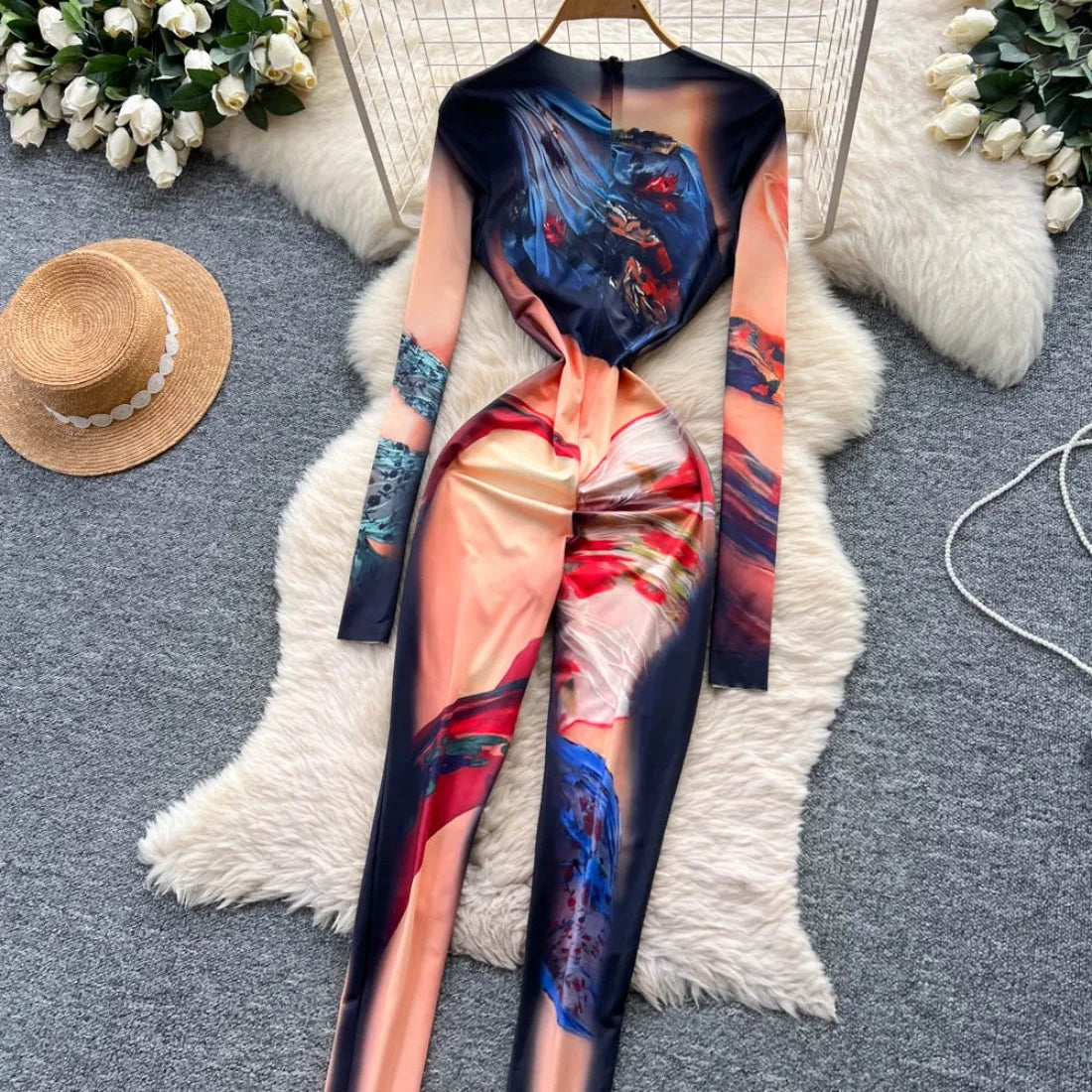 Foamlina 2025 Autumn New Fashion Print Bodysuit European Women's Sexy Hot Girl Slim Fit Flattering Long Sleeve Tight Jumpsuit