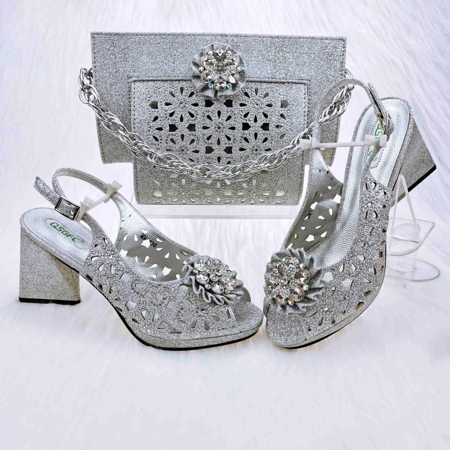 Mature Style Women Shoes and Bags Set 2023 Spring New Design Rose Gold Color Italian Sandals with Shinning Crystal for Party