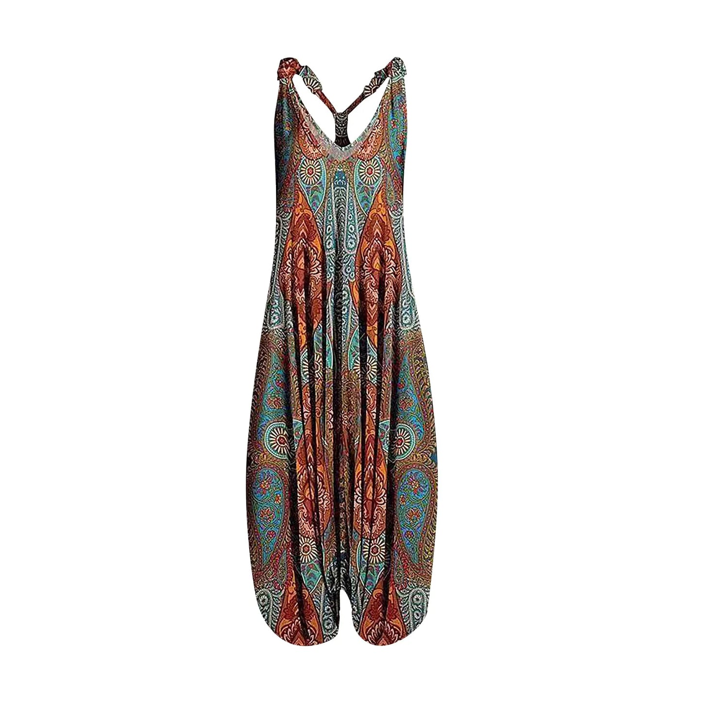 Wide Leg Bohemian Loose Overall Jumpsuit Ethnic Mandala Vintage Paisley Printing Women Rompers Backless Harem Bloomers Playsuit