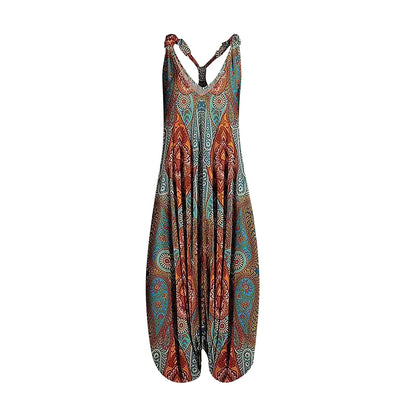 Wide Leg Bohemian Loose Overall Jumpsuit Ethnic Mandala Vintage Paisley Printing Women Rompers Backless Harem Bloomers Playsuit