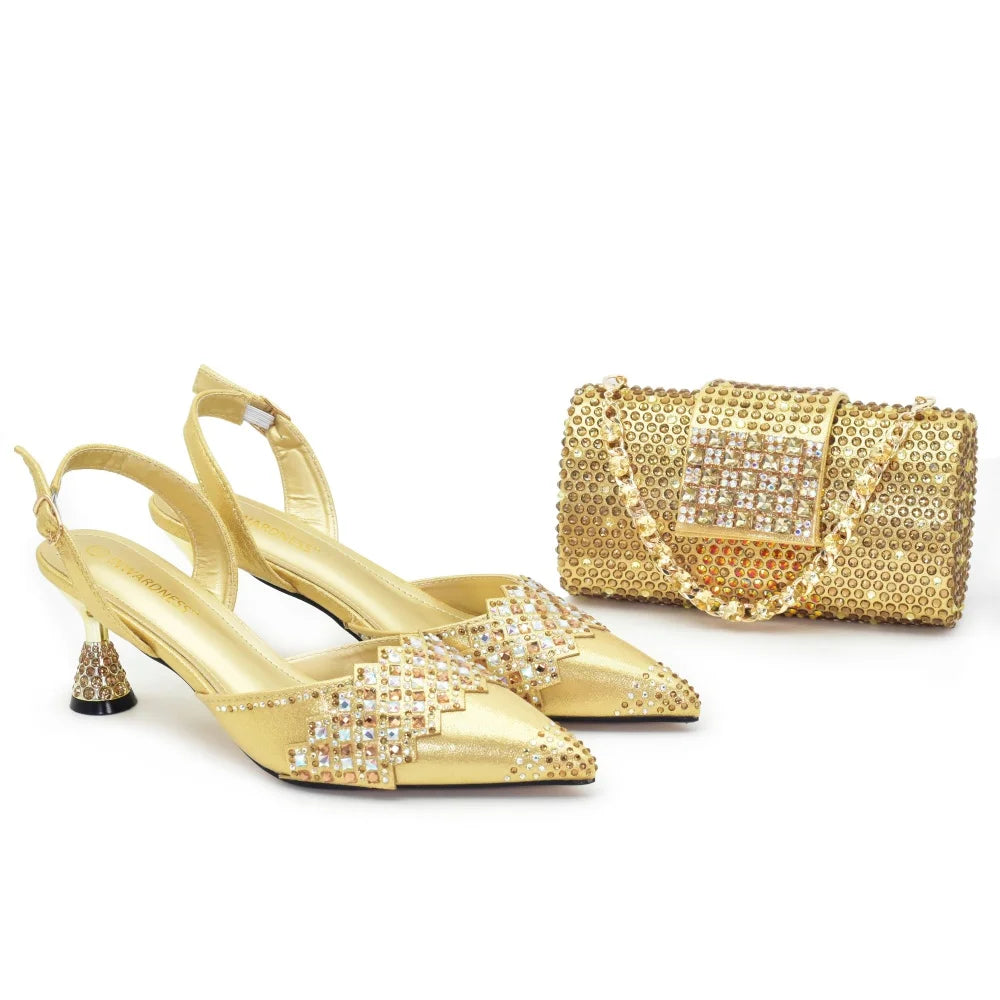 African Matching Shoes and Bags Set Decorated with Rhinestone Bag and Shoe Set Nigeria Party Pumps Street Style High Heels
