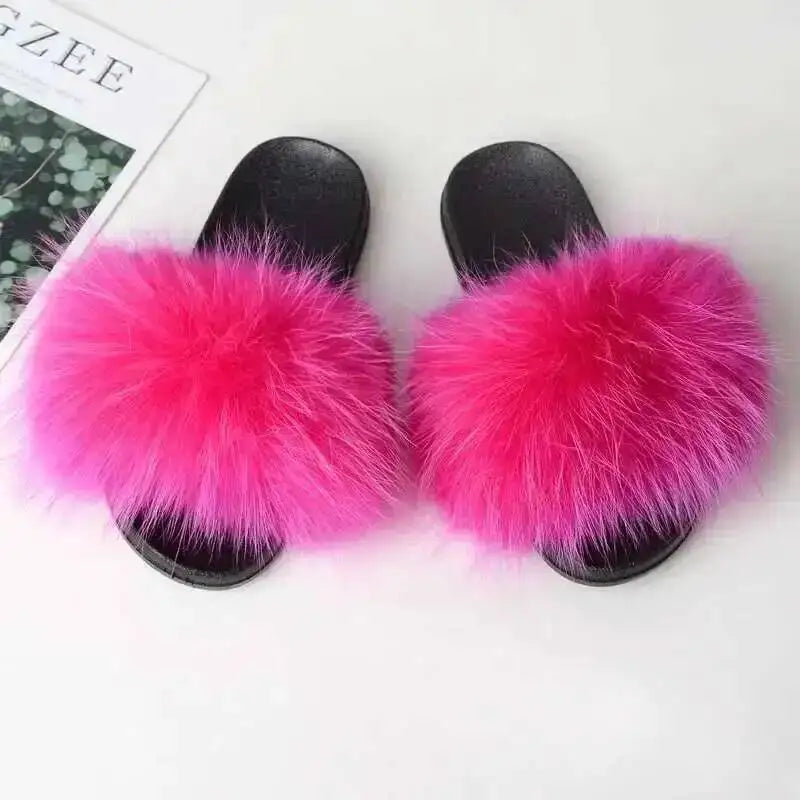 Real Raccoon Fur Slippers For Women 2026 Summer Fluffy Indoor House Fuzzy Flat Slides Outdoor Fashion Beach Sandals Flip Flops