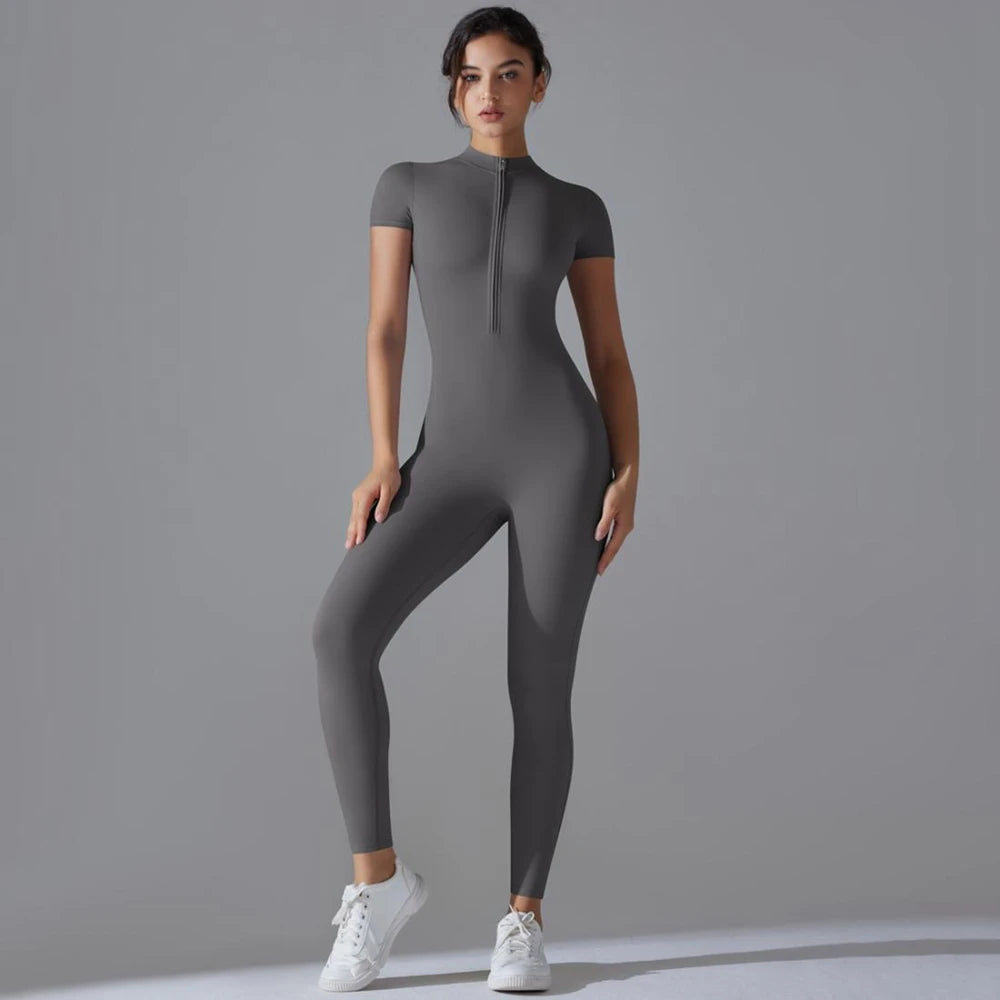 Womens Jumpsuits Short Sleeve Yoga Slim Fit Stretch One Piece Romper Sexy Fitness Female Basic Sportwears Black Zipper Ladies