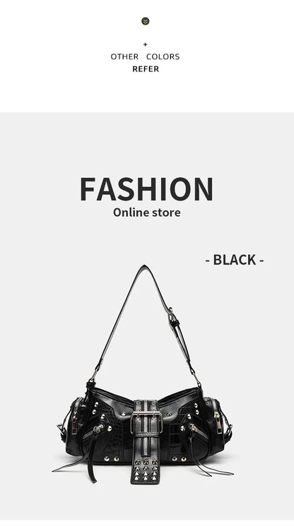 Women's Y2k Punk Vintage Shoulder Purse PU Leather Gothic Rivet Handbag Waist Bag Luxury Black Cross Body Bags with Spikes
