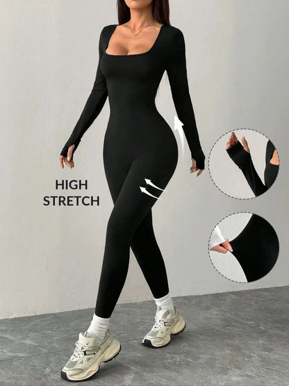 Black knit square neck fitted casual sports yoga jumpsuit