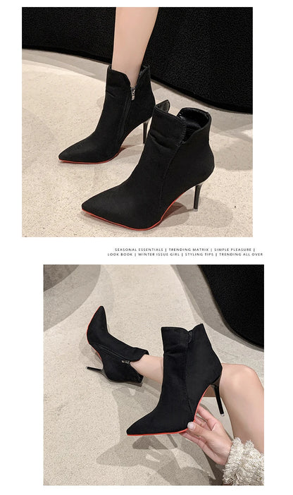 Aphixta 10cm Stilettos Winter Red Heels Zip Warm Black Ankle Boots Women Flock Footwear Shoes Women Super Big Size 47 48 49 50