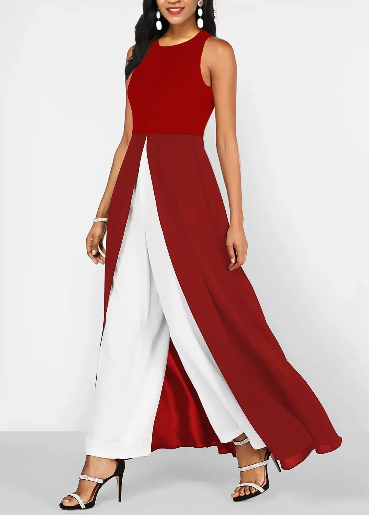 Jumpsuits Women Contrast Color High Waist Black Round Neck Sleeveless Jumpsuit O-neck Summer Wide Leg Pants Jumpsuits