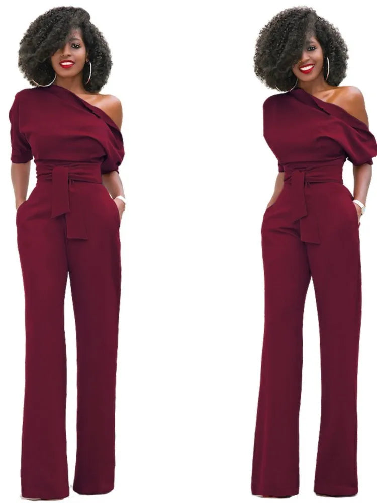 High Quality 2025 Spring Women's Casual Jumpsuits One Shoulder Slash Neck Button Romper Full Length Jumpsuit Wide Legs Jumpsuit