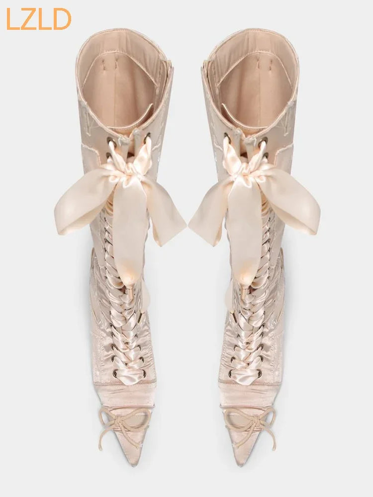 Sweet Pointed Straps Party Catwalk Knee Boots 2025 New Bowknot Satin Women's Long Boots Street Fashion Stiletto Casual Boots