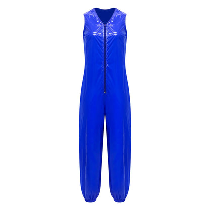 Womens Glossy Lantern Pants Overalls Jumpsuit V-neck Zipper-up Adaptive Rompers Leg Opening Waterproof Diaper Cover Bodysuit