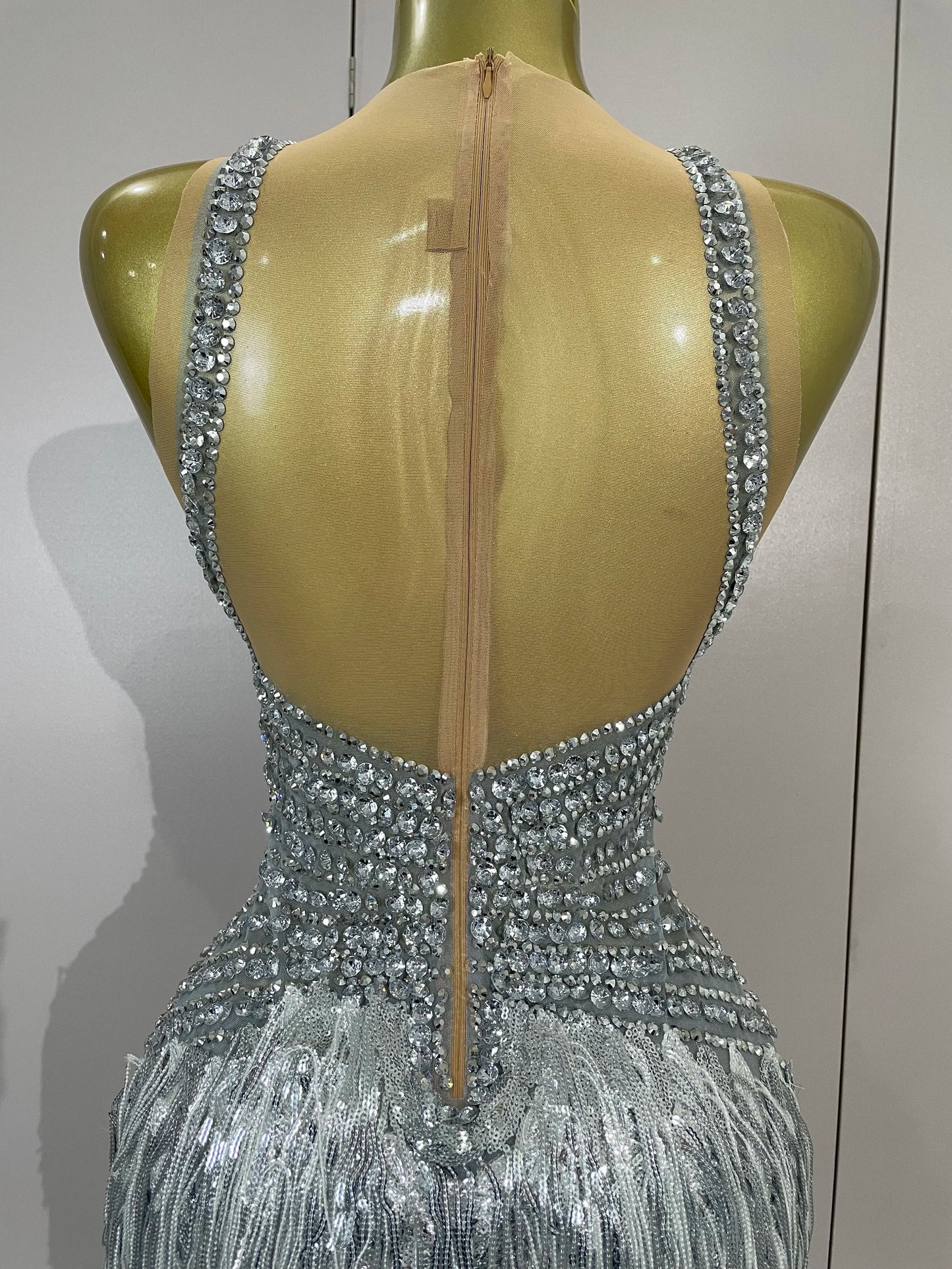 Luxury Sparkly Silver Diamonds Tassel Mesh Sheer Bodysuits Eveing Birthday Party Latin Dancer Bar Nightclub Sexy Stage Costume