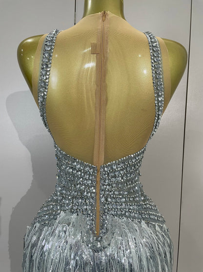Luxury Sparkly Silver Diamonds Tassel Mesh Sheer Bodysuits Eveing Birthday Party Latin Dancer Bar Nightclub Sexy Stage Costume