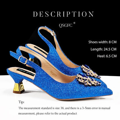 Hot Selling Elegant Noble Colorful Rhinestone Design White Color Party Wedding Pointed Toe High Heel Women Shoes and Bag Set