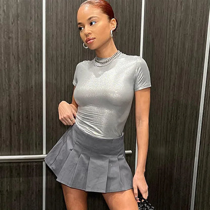 Leather Solid O Neck Short Sleeves Sexy Slim Y2K T-Shirt Top 2024 Summer Women Fashion Tees Streetwear Grunge Clothes