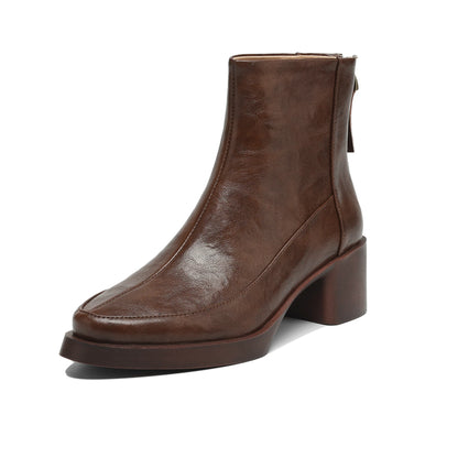 Plus Size 34-43 Cow Skin Round Toe Zipper High Heels Modern Motorcycles Boots Warm Winter Shoes Dating Retro Brand Ankle Boots