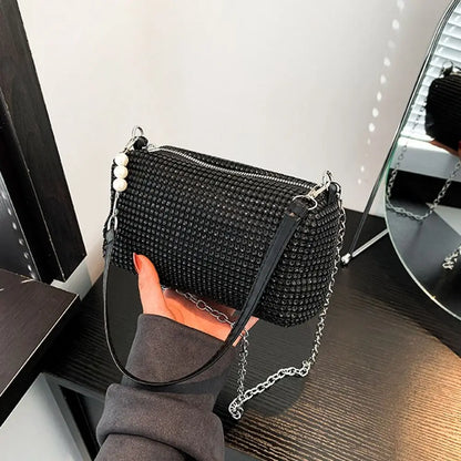 Allover Rhinestone Bucket Bag Waterproof Lightweight Women Crossbody Bag Mini All-match Glitter Chain Prom Purse for Ladies