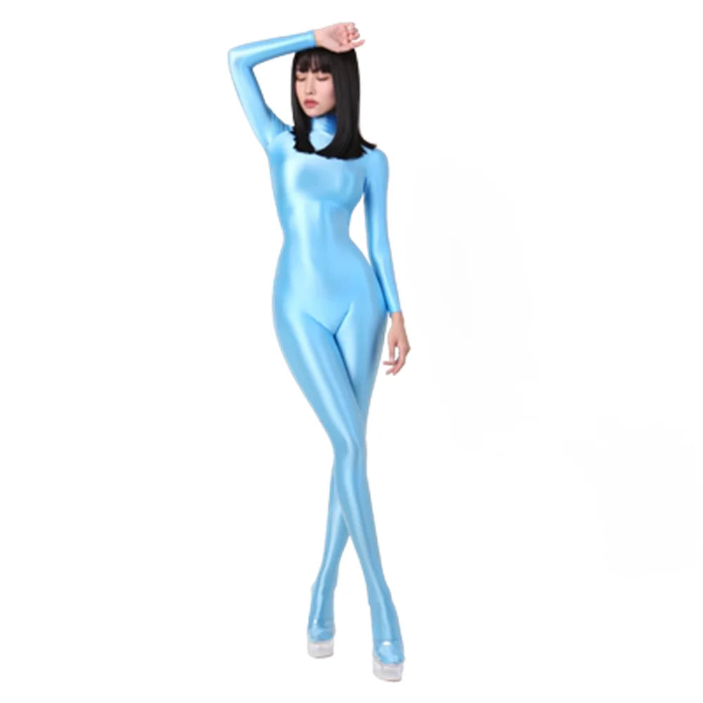 Womens Gym Yoga Pure Color Bodysuit One-piece Playsuits Bodycon Rompers Spandex Silky Tights Cosplay Catsuit Glossy Jumpsuits