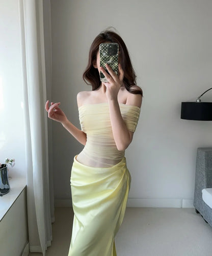 MsChuh Summer Party Dresses For Woman One-shoulder Long Evening Dress Sexy Holiday French Vestidos Solid Color Temperament Slim