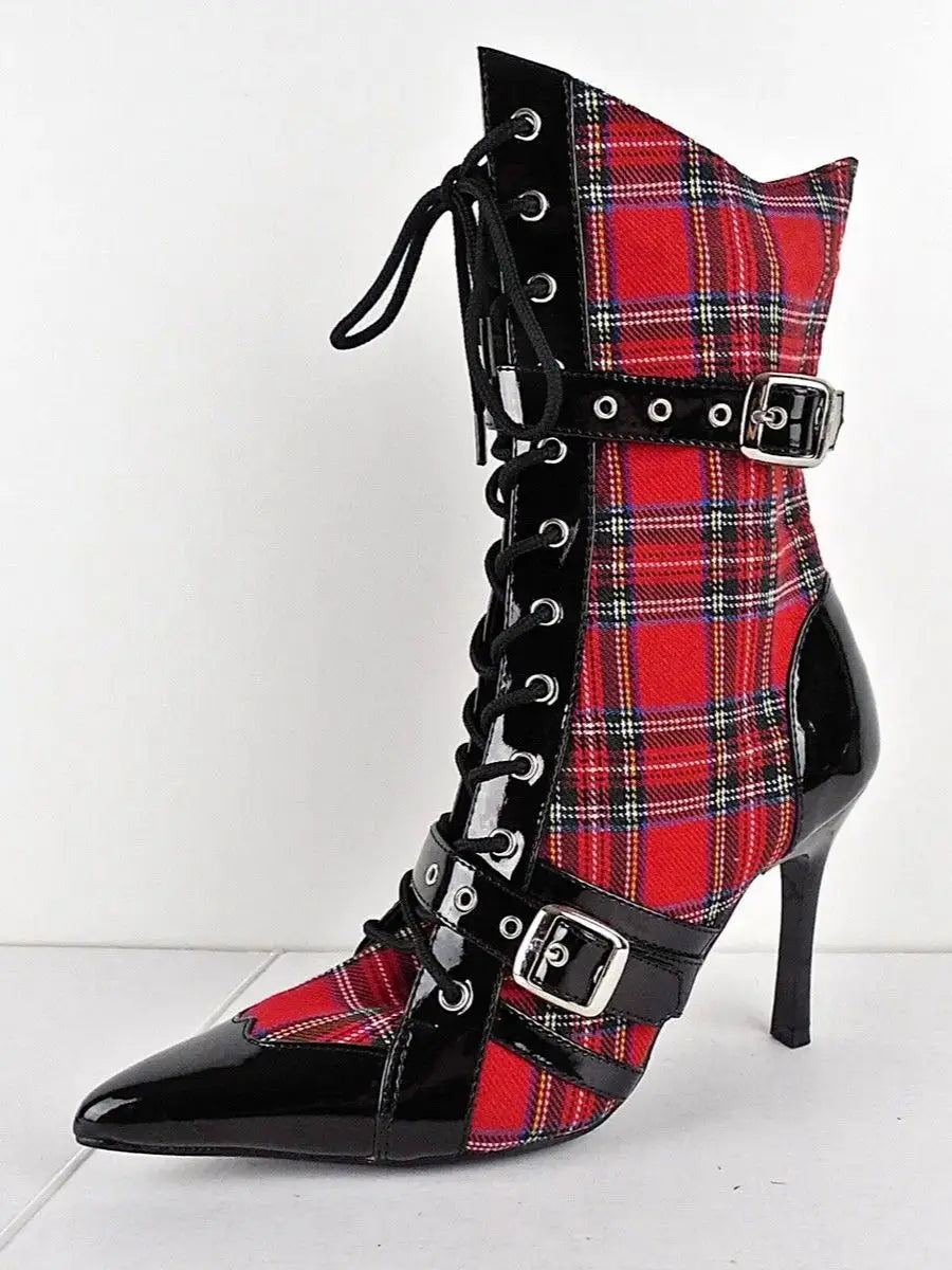 Mixed Colors Red Pointed Toe Belt Buckle Mid-Calf Lace Up Women Boots Stiletto High Heels Side Zipper Design Large Size Shoes