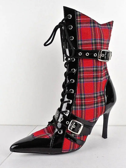 Mixed Colors Red Pointed Toe Belt Buckle Mid-Calf Lace Up Women Boots Stiletto High Heels Side Zipper Design Large Size Shoes