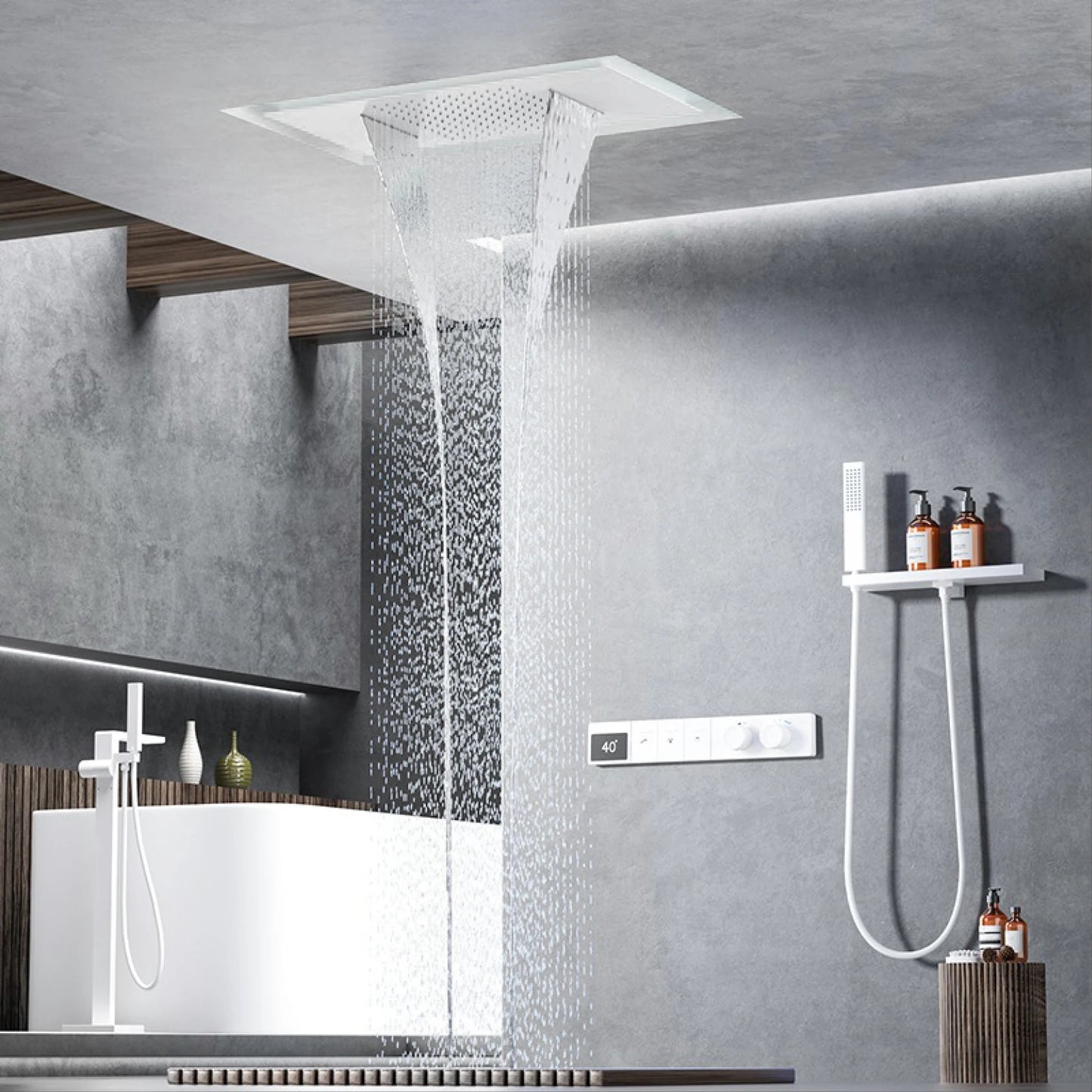 Luxury Brass Gun Gray Ceiling Constant Temperature Shower System LED Digital Display Hot and Cold Water Embedded Bathroom Faucet