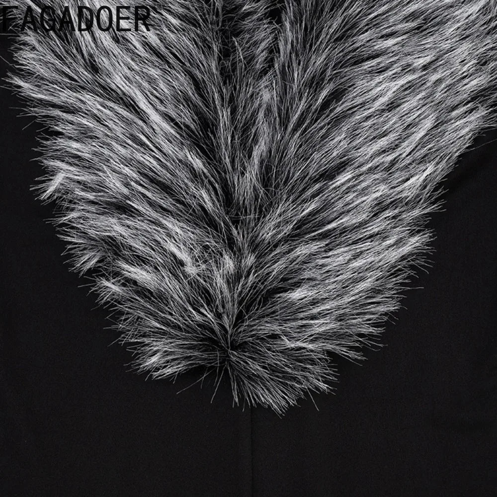 FAGADOER Women Bodycon One Piece Jumpsuit Faux Fur Patchwork Trim Deep V Long Sleeve Stretch Slim Fit Sexy Streetwear Outfit New