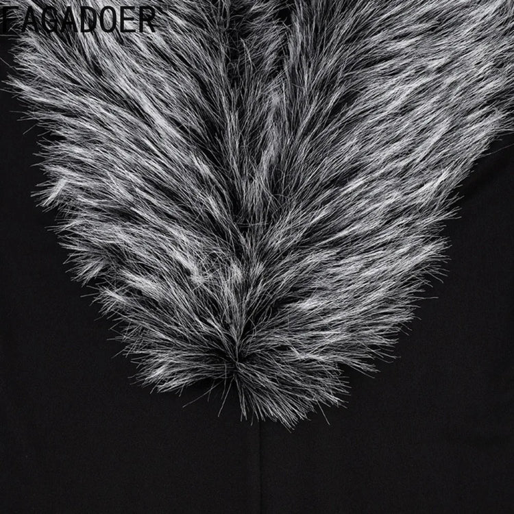 FAGADOER Women Bodycon One Piece Jumpsuit Faux Fur Patchwork Trim Deep V Long Sleeve Stretch Slim Fit Sexy Streetwear Outfit New