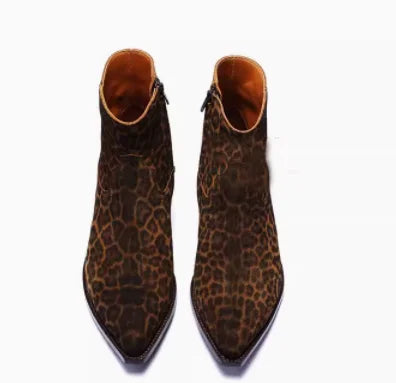 Brown Men Chelsea Boots Handmade High-quality Cow Suede Business Casual Square Toe Mid-heel Men Shoes Motorcycle Boots With Heel