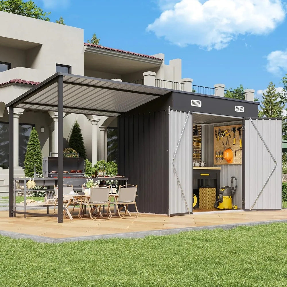 6x4FT Outdoor Metal Shed and Hardtop Gazebo Combo 12x4FT Lean to with PergolaA Black