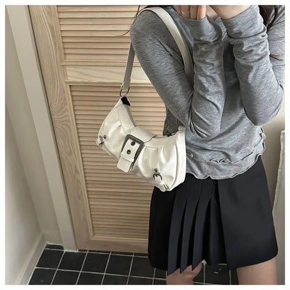 Fashion Pleated Lock Design Women's PU Shoulder Bags Simple Solid Color Ladies Underarm Bag Portable Cool Girls Phone Handbag