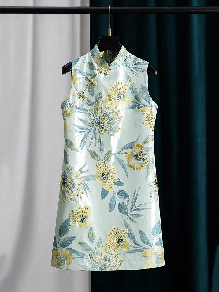 Women Chinese Style Cheongsam Jacquard Beaded Dress Sleeveless Tank Dress Elegant Vintage Party Dress Ladies