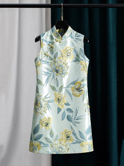 Women Chinese Style Cheongsam Jacquard Beaded Dress Sleeveless Tank Dress Elegant Vintage Party Dress Ladies