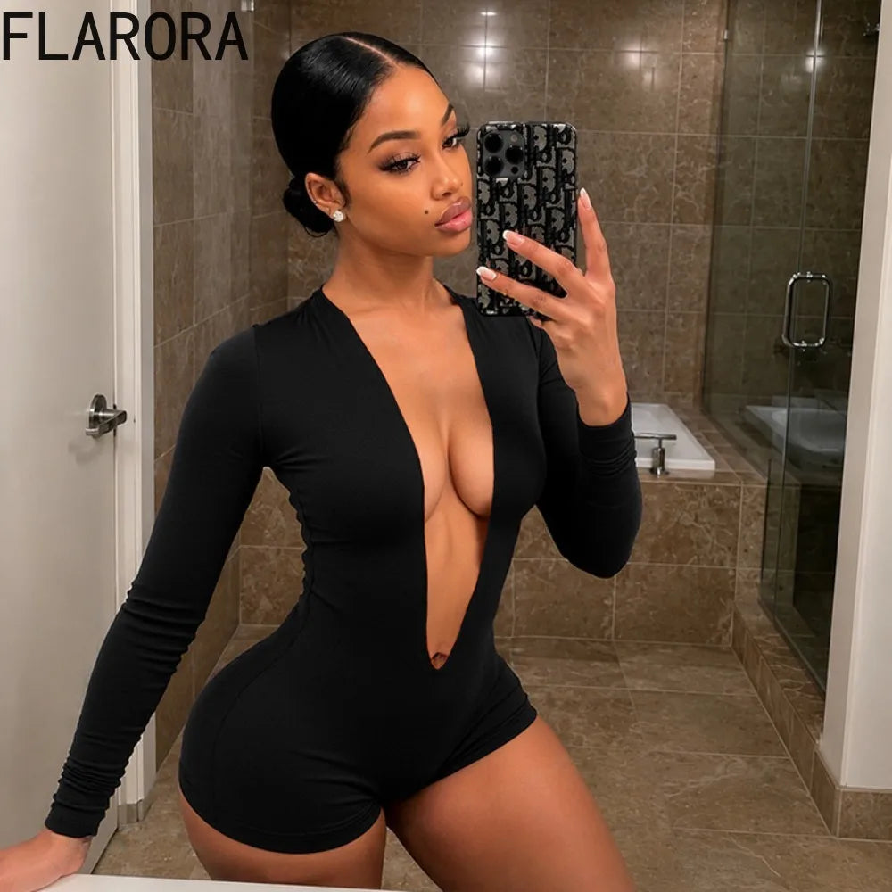 FLARORA Sexy Deep V Neck Slim Rompers Woman Solid Color Full Sleeve Stretch Skinny Peach Hip Playsuits Hot Girl Party Clubwear