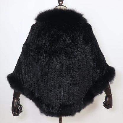 Women 100% Real Rabbit Fur Shawl Scarf With Fox Fur Collar Winter Warm Knitted Rabbit Fur Poncho Girls Party Fashion Accessories