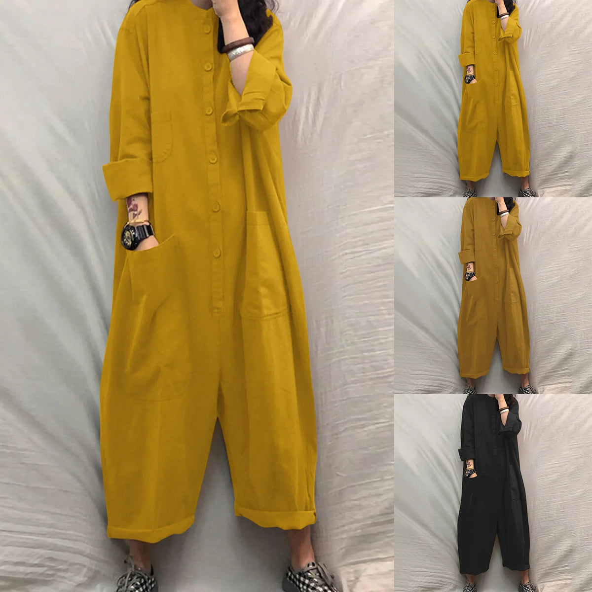 Solid Color Casual Loose Pocket Jumpsuit Women New Fall Simple Long Sleeve Shirt Female Vacation Rompers Fashionable Streetwear