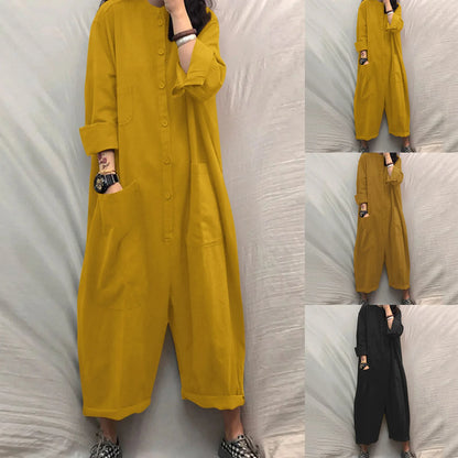 Solid Color Casual Loose Pocket Jumpsuit Women New Fall Simple Long Sleeve Shirt Female Vacation Rompers Fashionable Streetwear