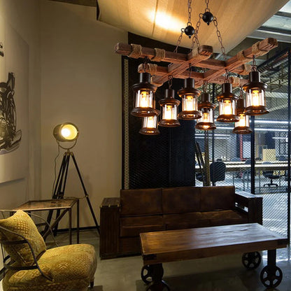 8 Lights Retro Wood Pendant Lights 8 Head Vintage Industrial Loft Glass Iron LED Chandelier Suspension Lamp Wooden Droplight