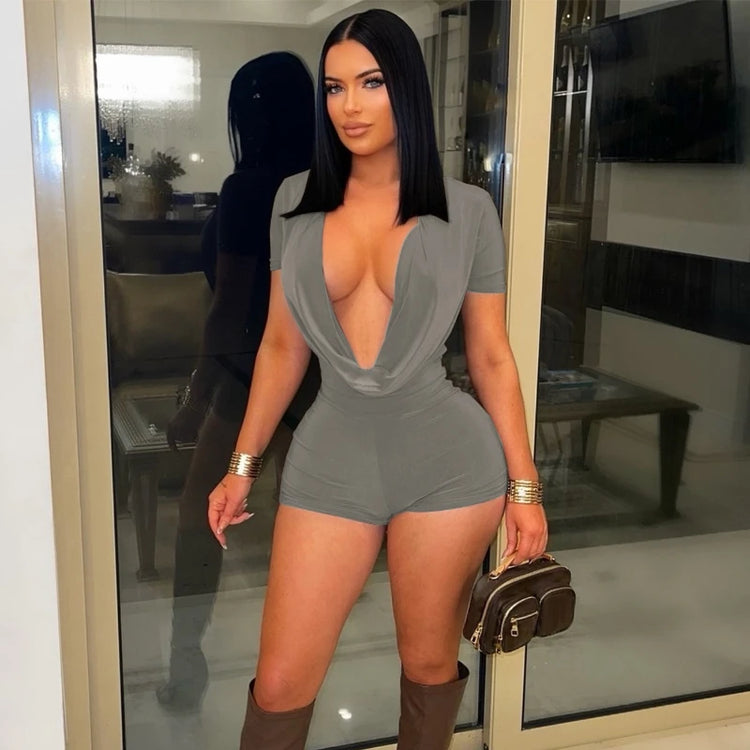 Sexy Deep V-neck Solid Bodycon Romper for Woman Jumpsuits Short Sleeve Skinny One Pieces Playsuit Club Party Combishort Femme