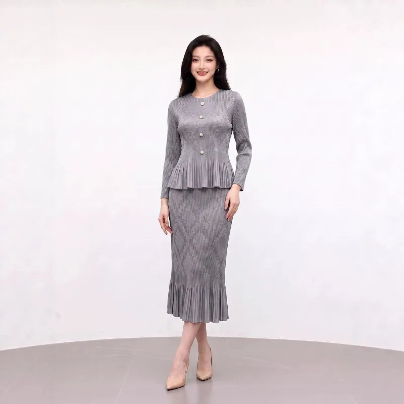Miyake Pleated Skirt Set Plisse 2026 Autumn New Single-Breasted Flared Long Sleeve Cardigan Top Length Set Slim Fit Versatile
