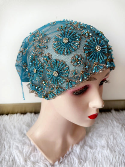 High Quality Lace handcrafted Beaded Turban Hat Female Head Wraps Caps Muslim Women Headscarf Bonnet Ready to Wear Inner Hijabs