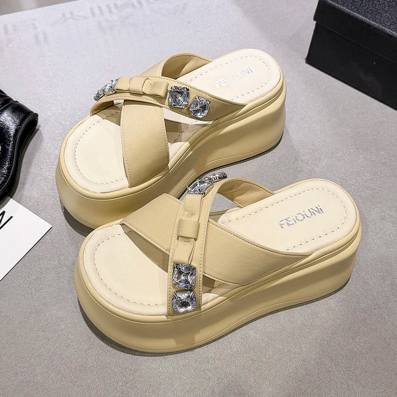 Summer Women's Luxury Rhinestone Bow Platform Wedge Slides Sandals Height Increasing Cross Open Toe Casual Beach Slippers Shoes