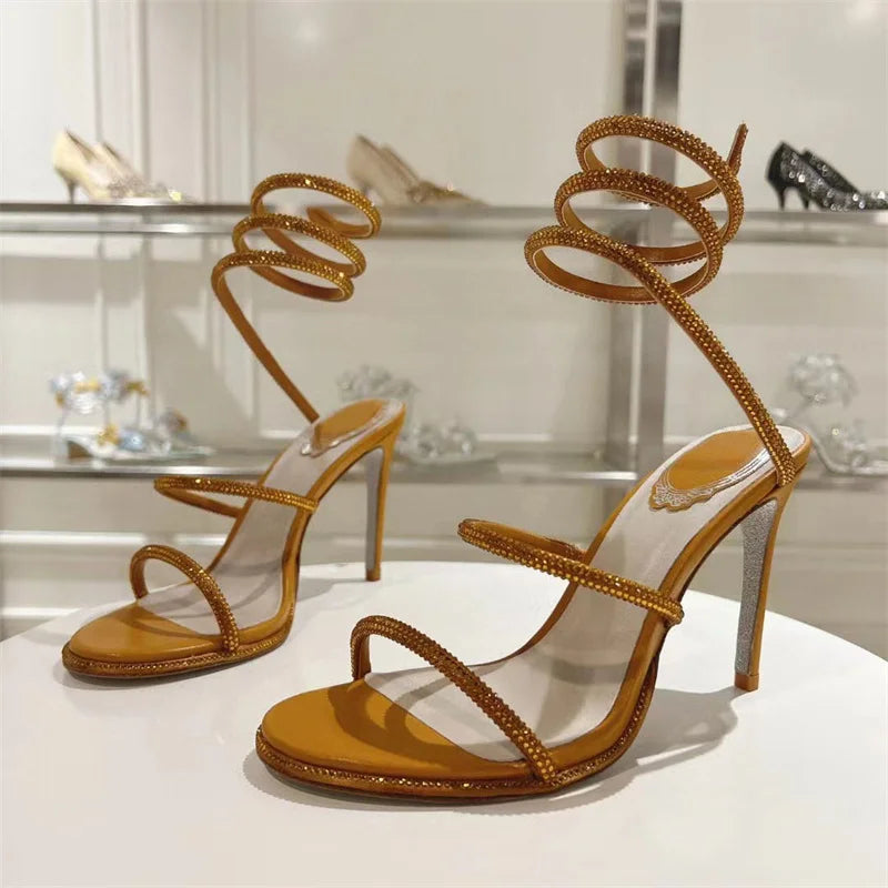 Summer Crystal Gladiator Sandals Women Rhinestone Twine Around Ankle Snake Wedding Shoes High Heels Sandals Woman