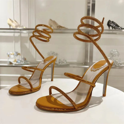 Summer Crystal Gladiator Sandals Women Rhinestone Twine Around Ankle Snake Wedding Shoes High Heels Sandals Woman