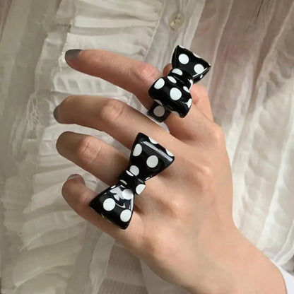 Punk Polka Dot Resin Ring for Women Exaggerated Big Bow Open Ring Y2K Sweet Cute Harajuku Style Daily Party Jewelry Accessories